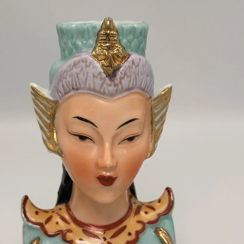 Vintage Asian Lady Head Mini Vase Celadon Jade Gold Japan Mid Century Japan 1950